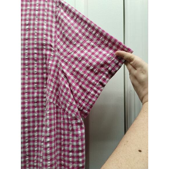 Woman Within Plus Size 1X Pink White Check 22/24 Button Up V-Neck Seersucker Top - Picture 4 of 6